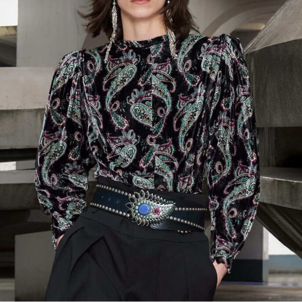 Isabel Marant Paisley Printed Velvet Exaggerated Shoulder Cropped Blouse